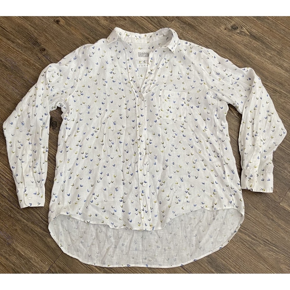 Grayson Frank & Eileen Hero Butterflies Linen Button-up Shirt White Sz 2 Small S - Picture 1 of 5